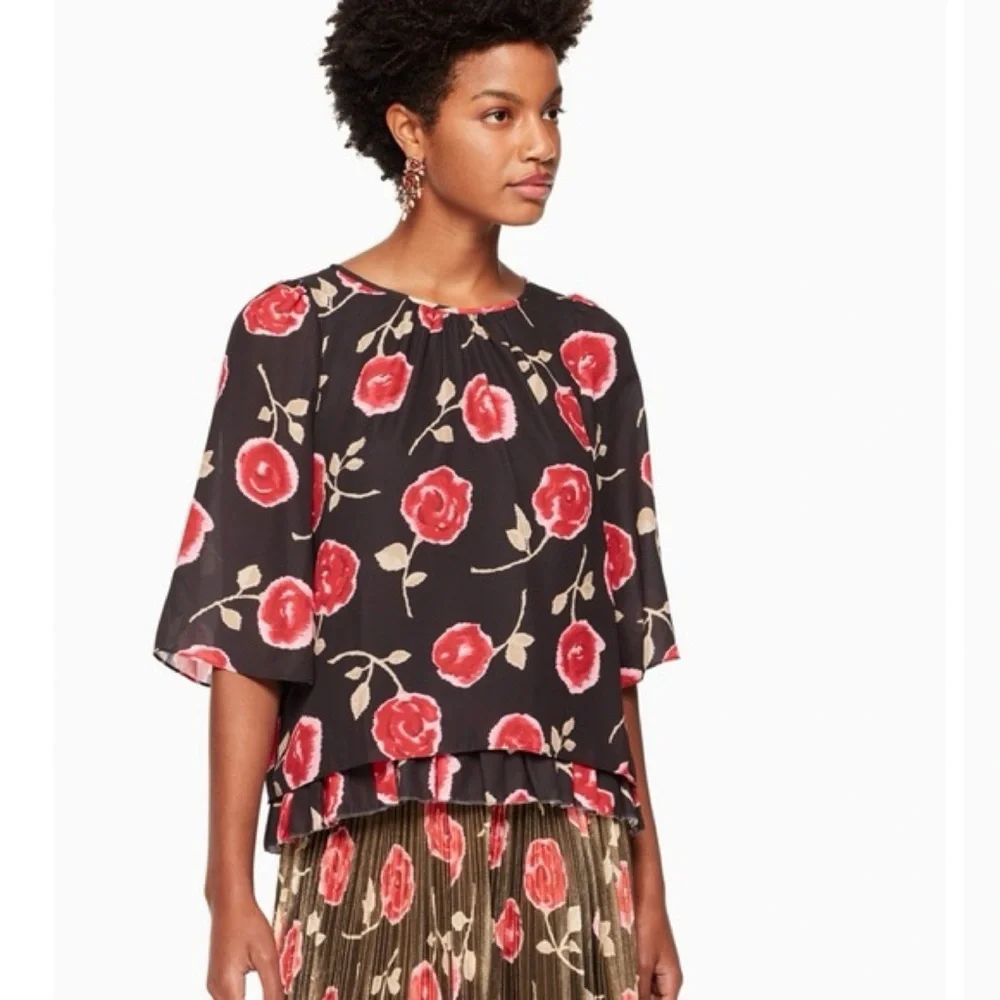 EUC Kate Spade NY Hazy Rose Floral Double Layer Ruffle Tier Top Blouse S​
